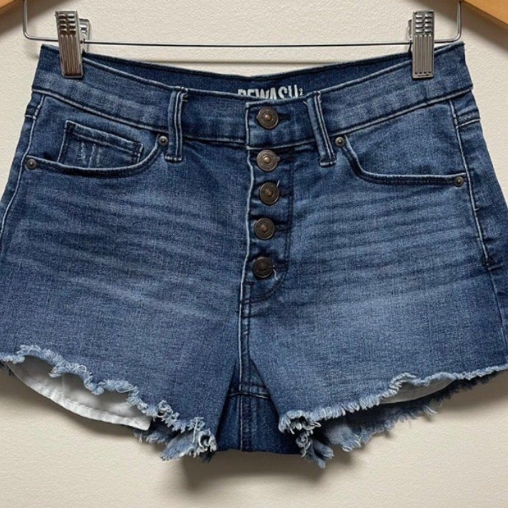 High Waisted Button Fly Raw Hem Cut-Off Denim Shorts